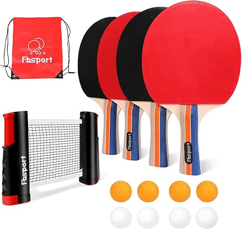 Ping Pong Paddle Set, Table Tennis Set with 4 Rackets and 8 Balls, Retractable Net with Storage Bag - Pingpong Paddle Accessories for Indoor/Outdoor Games