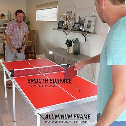 Mid-Size Table Tennis Game Set - Red or Blue - Indoor/Outdoor Portable Table Tennis Game with Net, 2 Table Tennis Paddles and 4 Balls