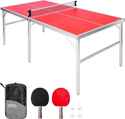 Mid-Size Table Tennis Game Set - Red or Blue - Indoor/Outdoor Portable Table Tennis Game with Net, 2 Table Tennis Paddles and 4 Balls